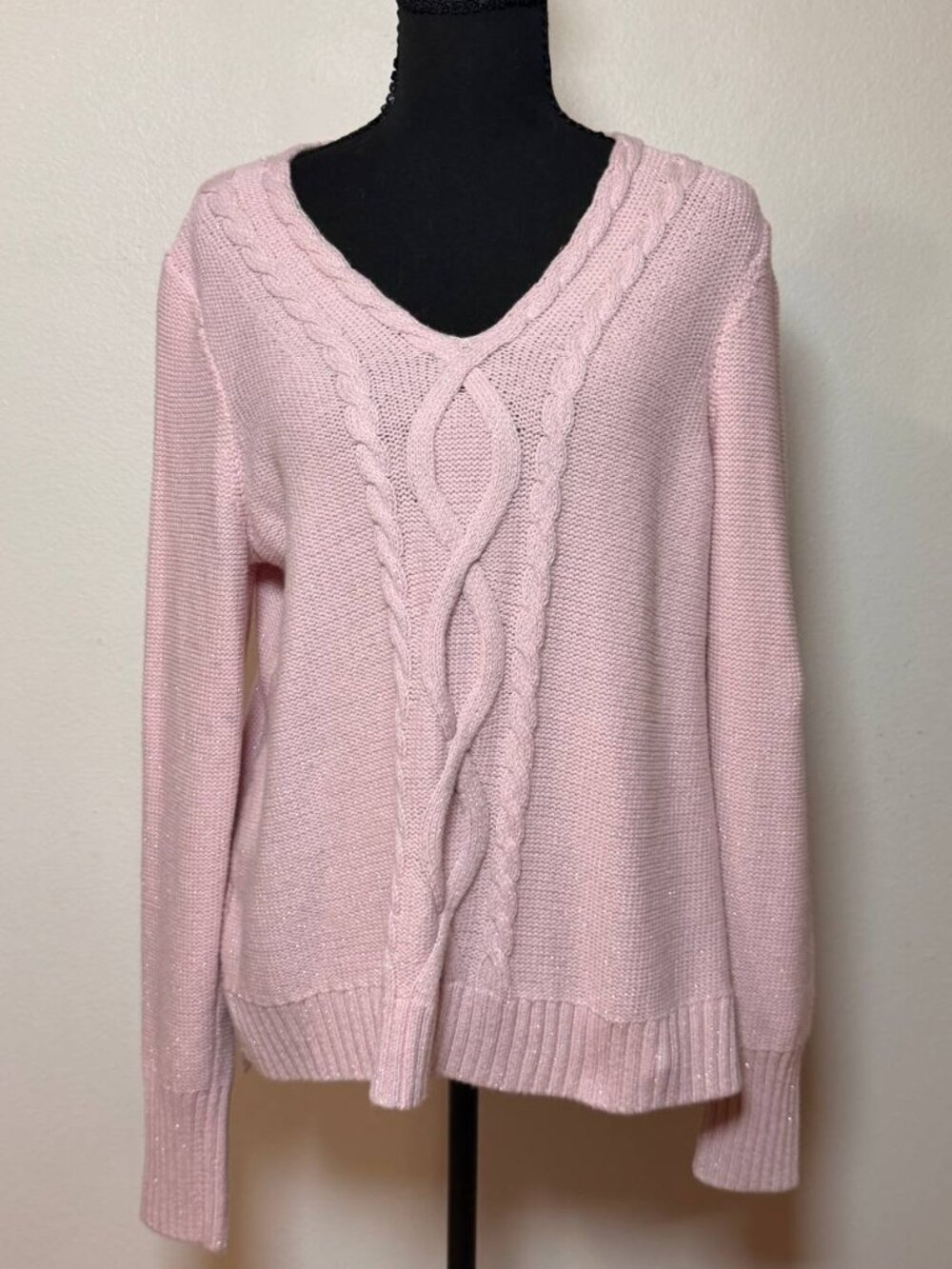 Chaps Blush Pink Sparkle Cable Knit Sweater Coastal Grandmother Cozy XL